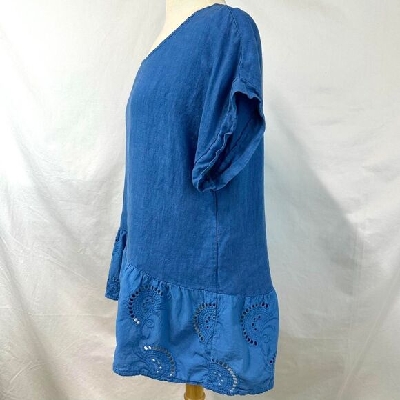 TERZO MILLENNIO Italian Linen Blue Short Sleeve Blouse Embroidered Ruffle Hem L - Picture 4 of 7